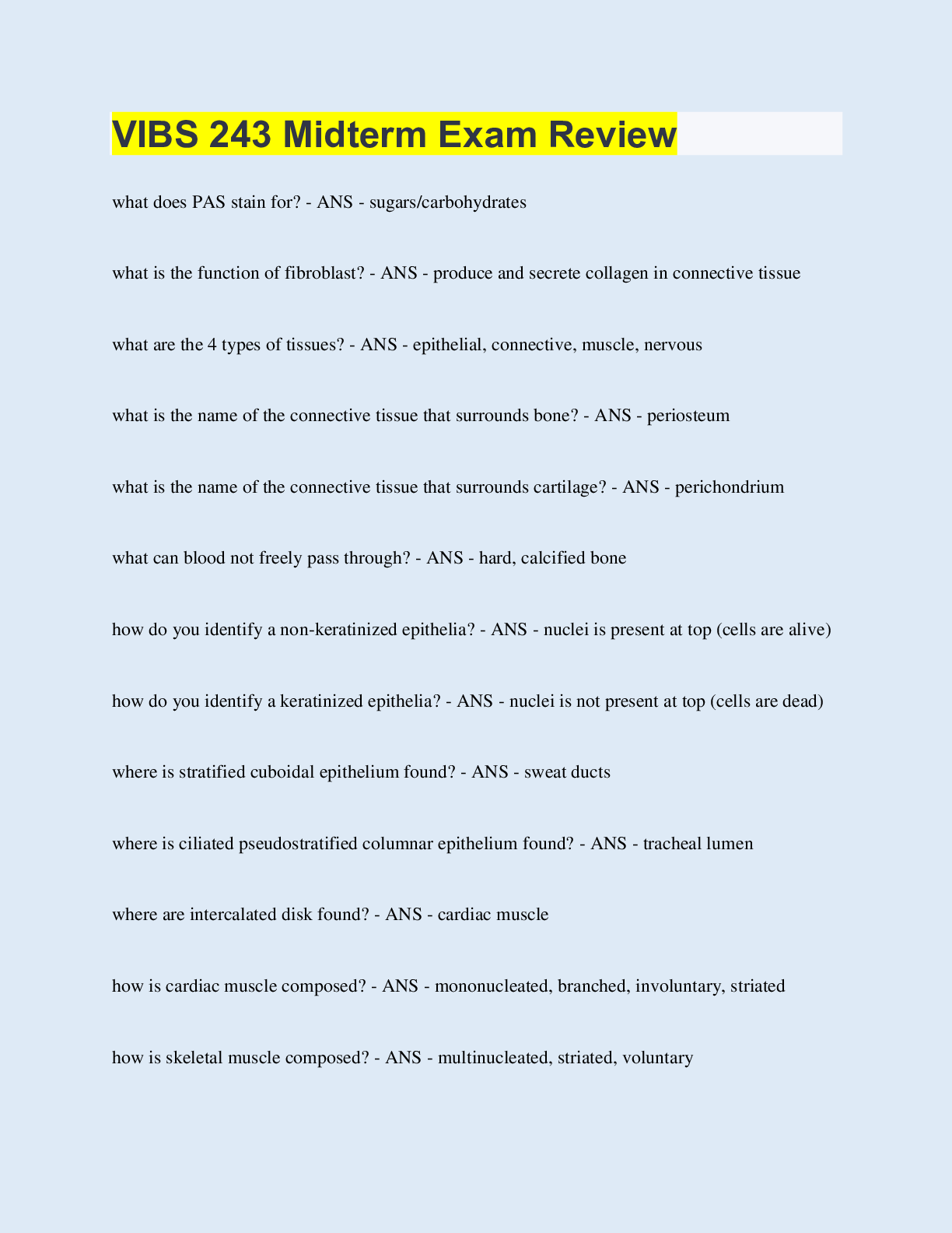 Preview image for VIBS 243 Midterm Exam Review  | 30 Questions with 100% Correct Answers | Updated & Verified